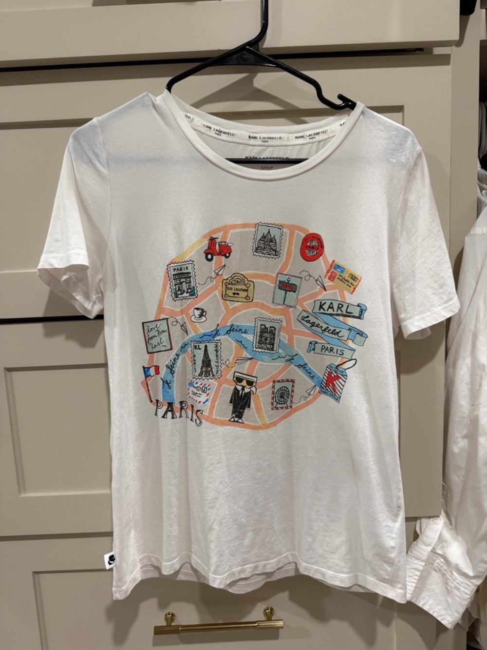 Karl Lagerfeld White Paris Map Graphic Tee with Multicolor Icons